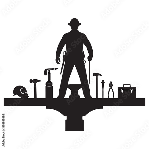 Silhouette of a blacksmith standing proudly behind an anvil surrounded by tools of the trade on a white background