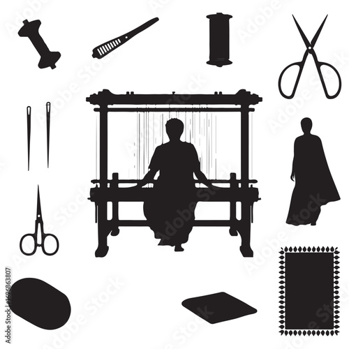 Silhouette collection of weaving tools and a person working on a loom creating a rug or textile art