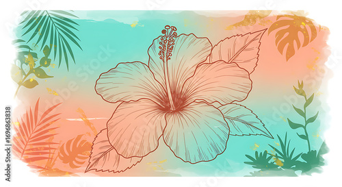 Elegant hibiscus line drawing with tropical background fee