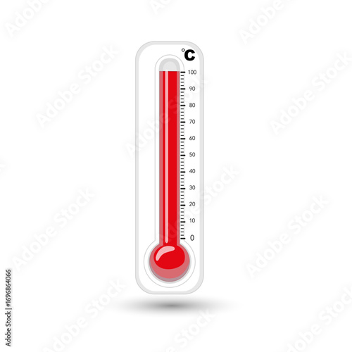 Glass thermometer with red mercury scale for measuring hot or cold weather temperature on a white isolated background