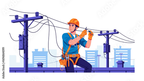 Electrician at Work: A skilled electrician, adorned in a safety helmet and harness, meticulously works on power lines, demonstrating precision and commitment in a modern urban landscape.