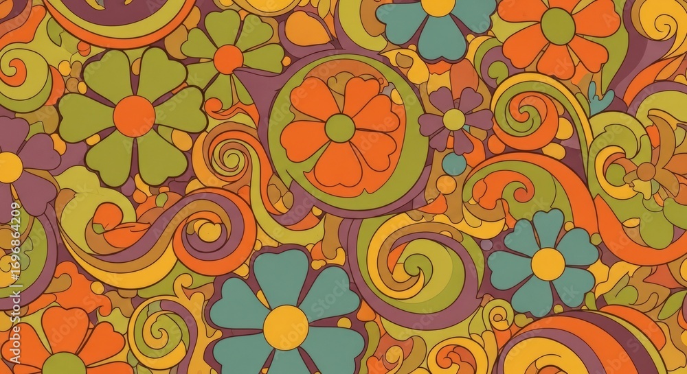 Vibrant Retro Floral Pattern, 70s Psychedelic Flower Power Background