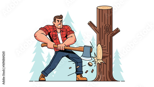 Lumberjack in Action: A strong lumberjack in a classic plaid shirt confidently swings an axe, demonstrating skill and determination to cut down a large tree. The scene showcases strength, work ethic.