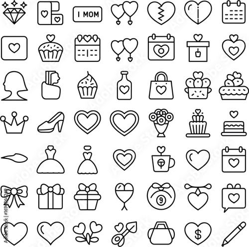Collection of Valentine's Day and celebration icons in outline style Keywords: heart, love, gift, present, cake, cupcake, crown