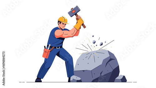 Construction worker breaking rock: This image showcases a construction worker vigorously breaking a rock. The man, focused on his task, swings a hammer with powerful force.