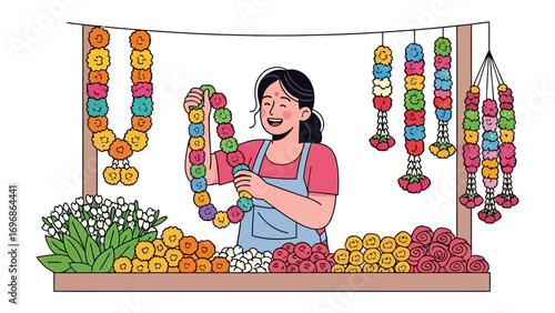 Flower Vendor's Harmony: An elegant illustration captures a woman at her flower stall, arranging vibrant floral garlands. It exudes tranquility and beauty.
