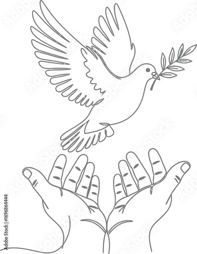 Peace dove flying from hands line art vector illustration
