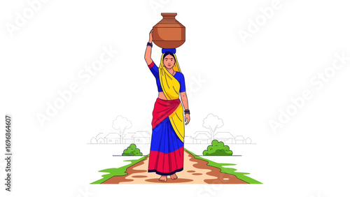Woman with a pot on her head: A woman walks confidently, balancing a clay pot gracefully atop her head, embodying the spirit of tradition. The image reflects simplicity and resilience.