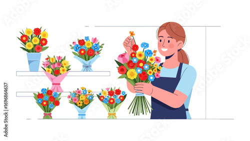Florist's Delight: An artistic illustration showcasing a skilled florist crafting a vibrant bouquet in a flower shop, with colorful flowers, the focus on the joy of creating