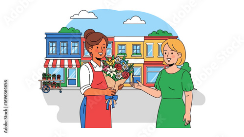 Blossom Exchange in the Town: An illustration portraying a florist and a customer in the charming town setting. A kind florist gracefully offers a vibrant bouquet to a delighted client.