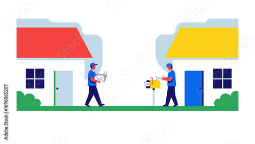 Delivery Day: A charming illustration of postal workers delivering packages and mail to houses. This delightful artwork captures the essence of everyday life.
