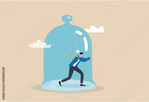 Business constraints, limitation or stagnant, restriction, prohibition or difficulty prevent from improvement or success concept, businessman inside the glass try to push so hard to break boundary.