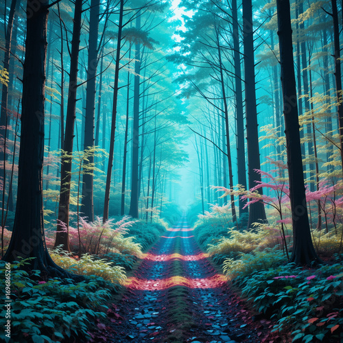 Magical Forest Path with Sunbeams and Glowing Trees