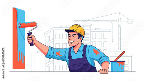 Painting the Vision: An illustrative depiction of a painter meticulously applying a vibrant hue with a paint roller on a structured surface, symbolizing transformation and renewal.