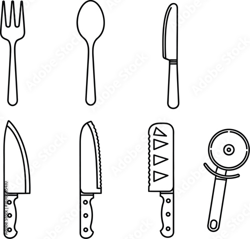 Collection of various kitchen utensils and cutlery for cooking and dining