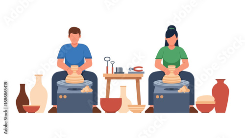 Pottery Studio's Soul: A flat illustration captures a male and female engrossed in their respective pottery activities, set amidst a studio filled with ceramic artistry, tools, and vessels.