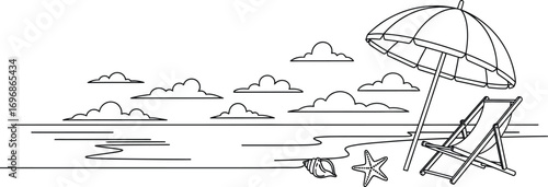 Beach scene line art vector illustration summer vacation time