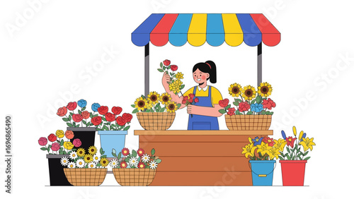 Blooming Business: A cheerful florist arranges vibrant bouquets at a colorful flower stall, a celebration of nature's beauty and the entrepreneurial spirit.