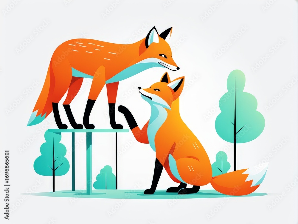 Obraz premium Two foxes interacting playfully in a stylized forest setting