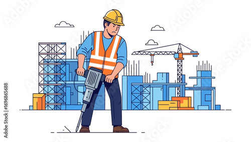 Construction Worker at Work: A determined construction worker operates a jackhammer amidst a bustling construction site, showcasing the essence of industry, progress, and manual labor. 