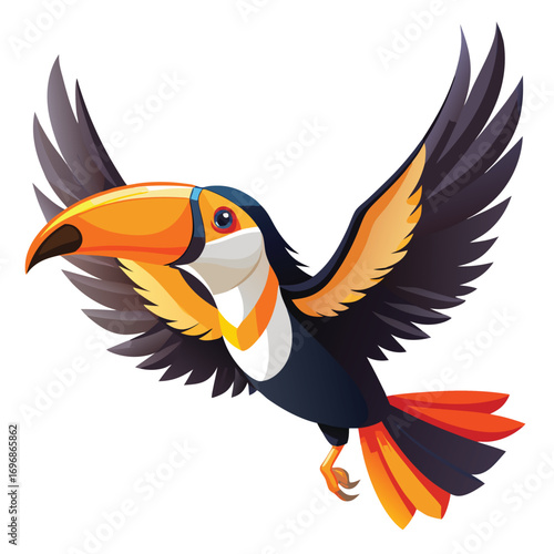 Stylized toucan bird with large orange beak in flight flying animal