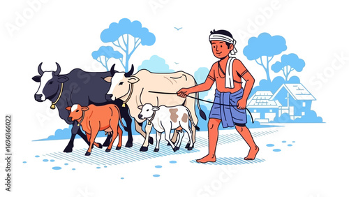 Village shepherd and Cows: An idyllic illustration depicting a shepherd guiding a herd of cows through a serene rural landscape. The vibrant colors and playful details. A celebration of simplicity.