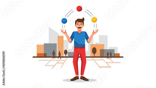 Master of Equilibrium: Witness the artistry of a skilled juggler as they effortlessly manipulate three vibrant balls in the air, against the backdrop of a stylized urban landscape. Reflecting focus.