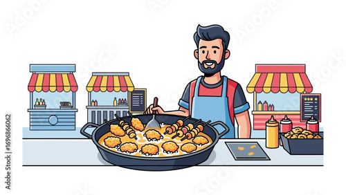 Culinary Scene: A street food vendor meticulously prepares delicious skewers and dishes in a vibrant outdoor market.