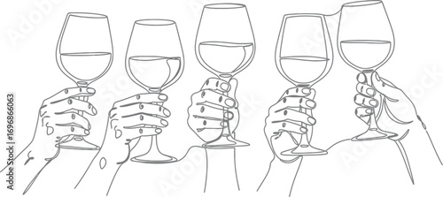 Hands raising wine glasses for a celebratory toast, minimalist line art