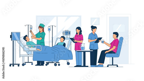 Caring Hospital Ward: A serene view of a modern hospital ward reveals dedicated health professionals providing exceptional care to patients.