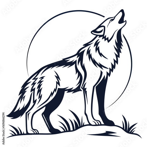 Stylized wolf howling at the moon with grass and ground detail night