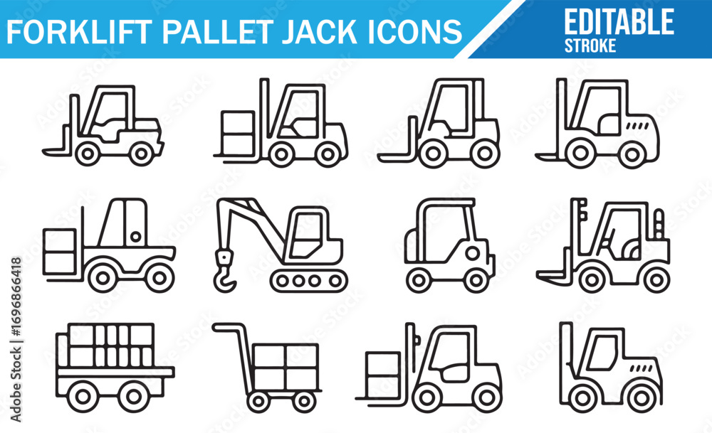 Fototapeta premium Flat stroke style icons of warehouse machinery and cargo handling