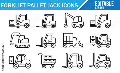 Vector collection of pallet lifting, forklift, and transport symbols