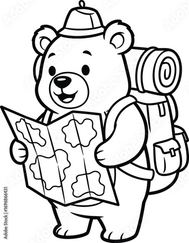 Cute bear scout with map coloring page for kids and beginners