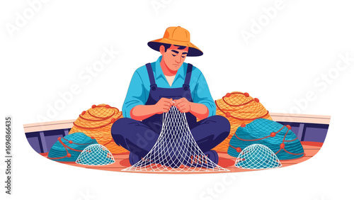 Serene Seaman at Work: A skilled seaman meticulously mends fishing net, embodying dedication and the quiet rhythm of sea life. Illustrative design captures a timeless moment of labor and tradition.