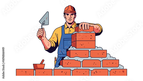 Bricklayer at Work: A skilled bricklayer meticulously constructs a brick wall, expertly wielding a trowel and displaying the precision required for the craft.