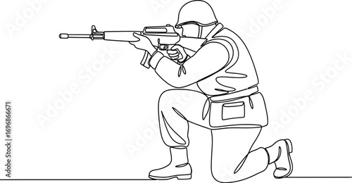 Focused soldier in uniform aiming rifle while kneeling in combat stance