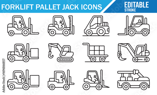 Vector line symbols of warehouse trucks and cargo lifting machines