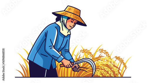 Farmer in Golden Field: A skilled farmer, adorned in a traditional straw hat, diligently harvests a bountiful field of golden crops, showcasing dedication and the rewards of labor.