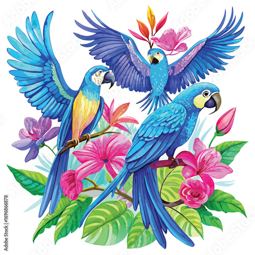 Three Blue Macaws Among Pink Flowers and Greenery on White Background parrot bird