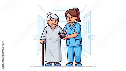 Gentle Guidance: A compassionate nurse assists an elderly woman, a symbol of support and empathy within a caring healthcare setting, illuminating the essence of patient well-being.