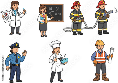 Cartoon professions characters including doctor, teacher, firefighter, police officer, chef, and construction worker, ideal for education, jobs, and career visuals.
