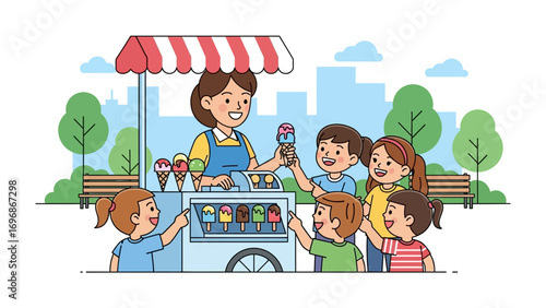 Summer Treat Delight: Children eagerly gather around an ice cream vendor, their faces lit up with joy as they select from an array of colorful ice cream cones. A simple.