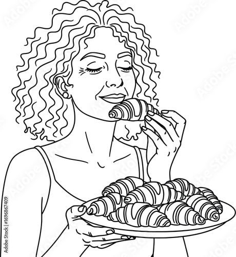 Woman enjoying a delicious croissant with eyes closed in delight