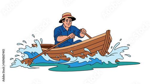 Rower on a Boat: A vibrant illustration of a man, seated in a small wooden rowboat, navigating through a wave, captures a sense of adventure, skill, and the timeless appeal of water activities.