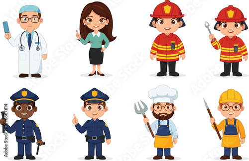 Cute cartoon characters of various professions including doctor, teacher, firefighter, police officer, chef, and construction worker set