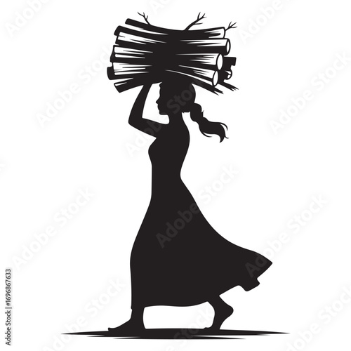 Silhouette of a woman carrying a large bundle of firewood on her head while walking in a stylized artistic representation