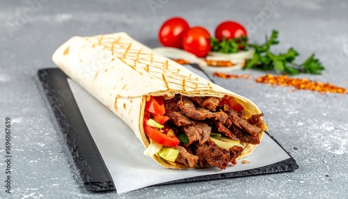 Delicious beef doner kebab wrap with fresh vegetables on stone tray