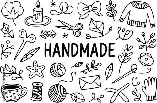Handmade craft and sewing doodle elements with text knitting crochet