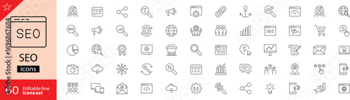 SEO icon set. Search Engine Optimization icon collection. Containing business, website, marketing, traffic, ranking, optimization, link and keyword. Editable stroke. Outline icons. Vector illustration